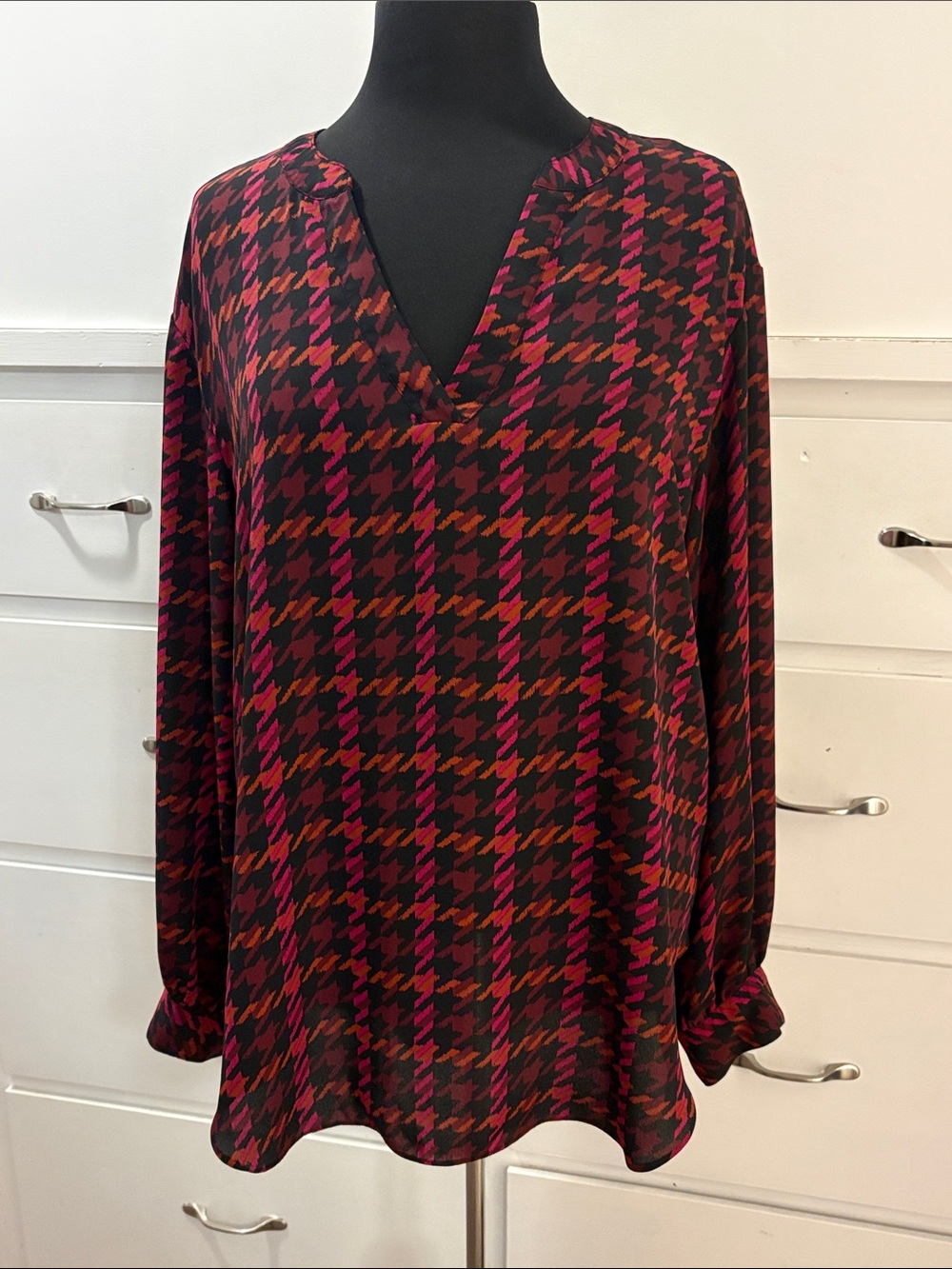 Maurices Houndstooth Blouse with Pink, Maroon, and Orange Accents